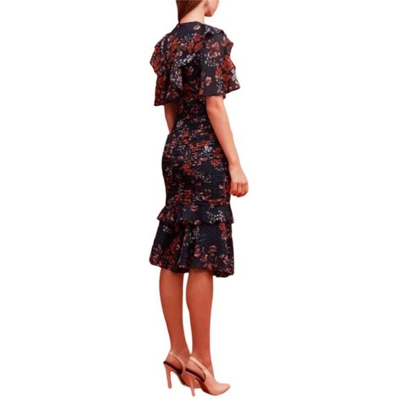 Keepsake Need You Now Navy Blue Red White Floral Ruffle Rouched Midi Dress XS - Picture 14 of 14